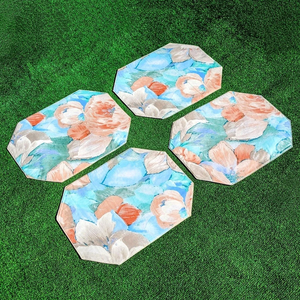 4 Placemats 1990's Floral Paint Brush Strokes Octagonal Pastel Unused 13x17 NOS
